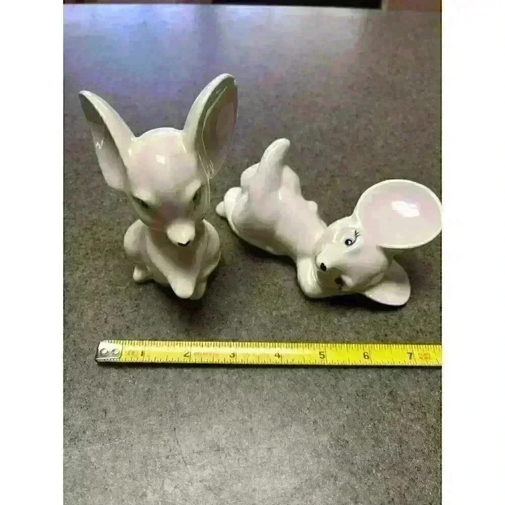 Vintage‎ Set of 2 White Big Ear Mice Porcelain Figurines